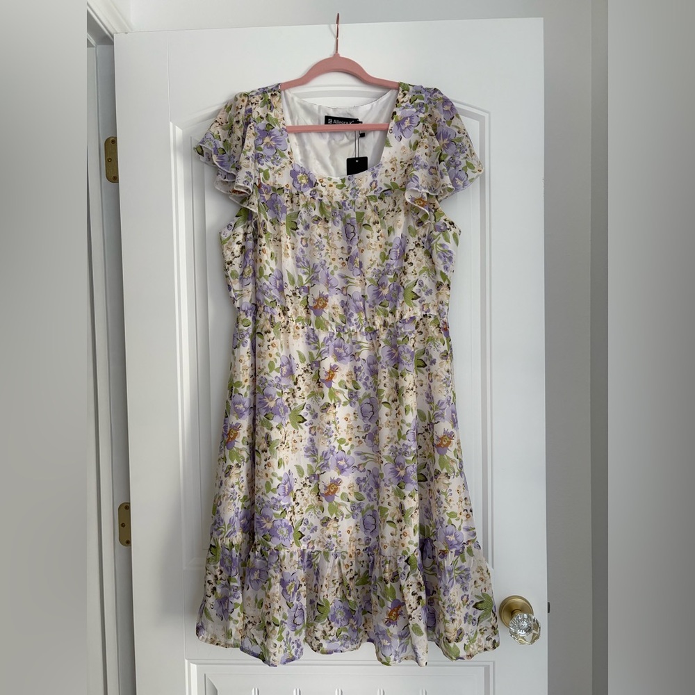 Purple Green and Cream Floral Knee Length Dress Ruffle Sleeve and Hem